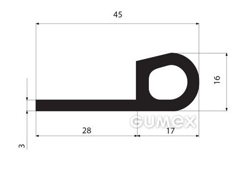 Pryžový profil tvaru "P" s dutinkou, 45x16/3mm, 70°ShA, NBR, -40°C/+70°C, černý